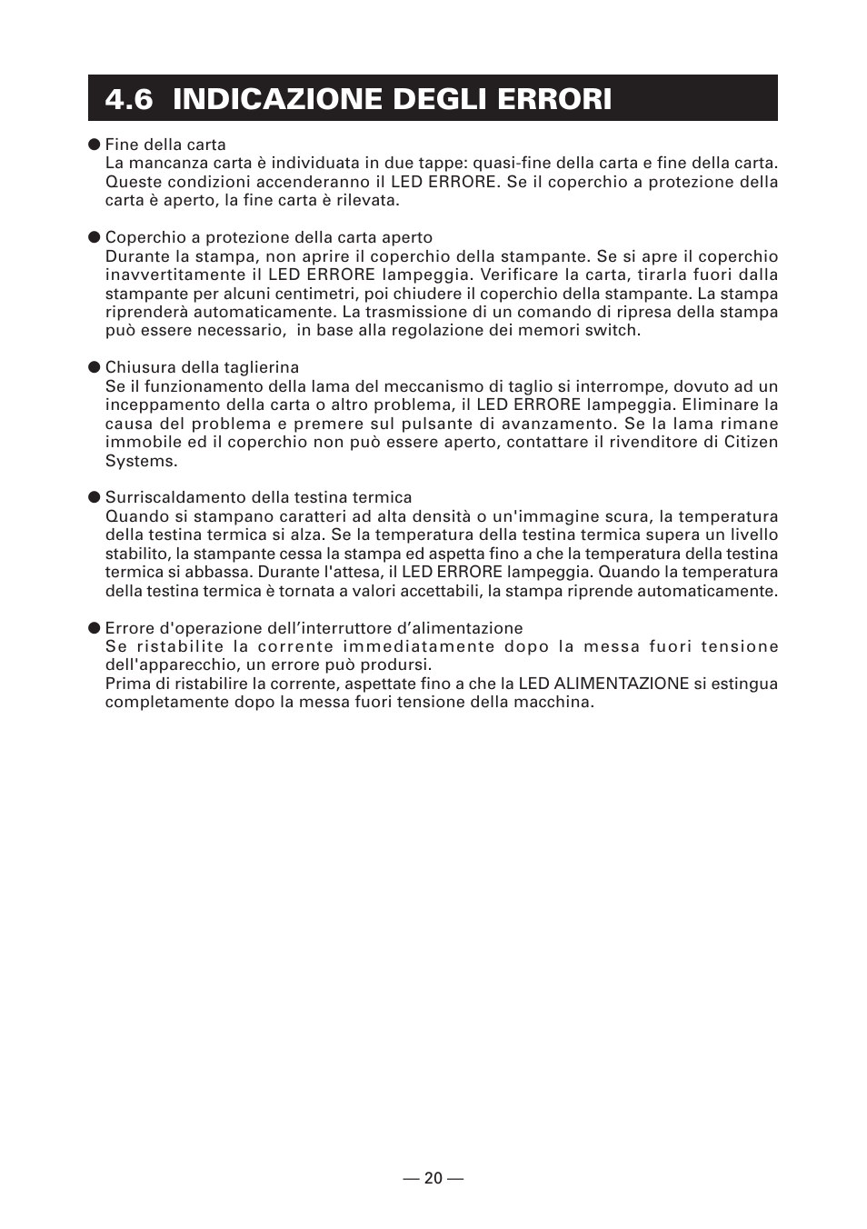 6 indicazione degli errori | CITIZEN CT-S2000L User Manual | Page 113 / 156