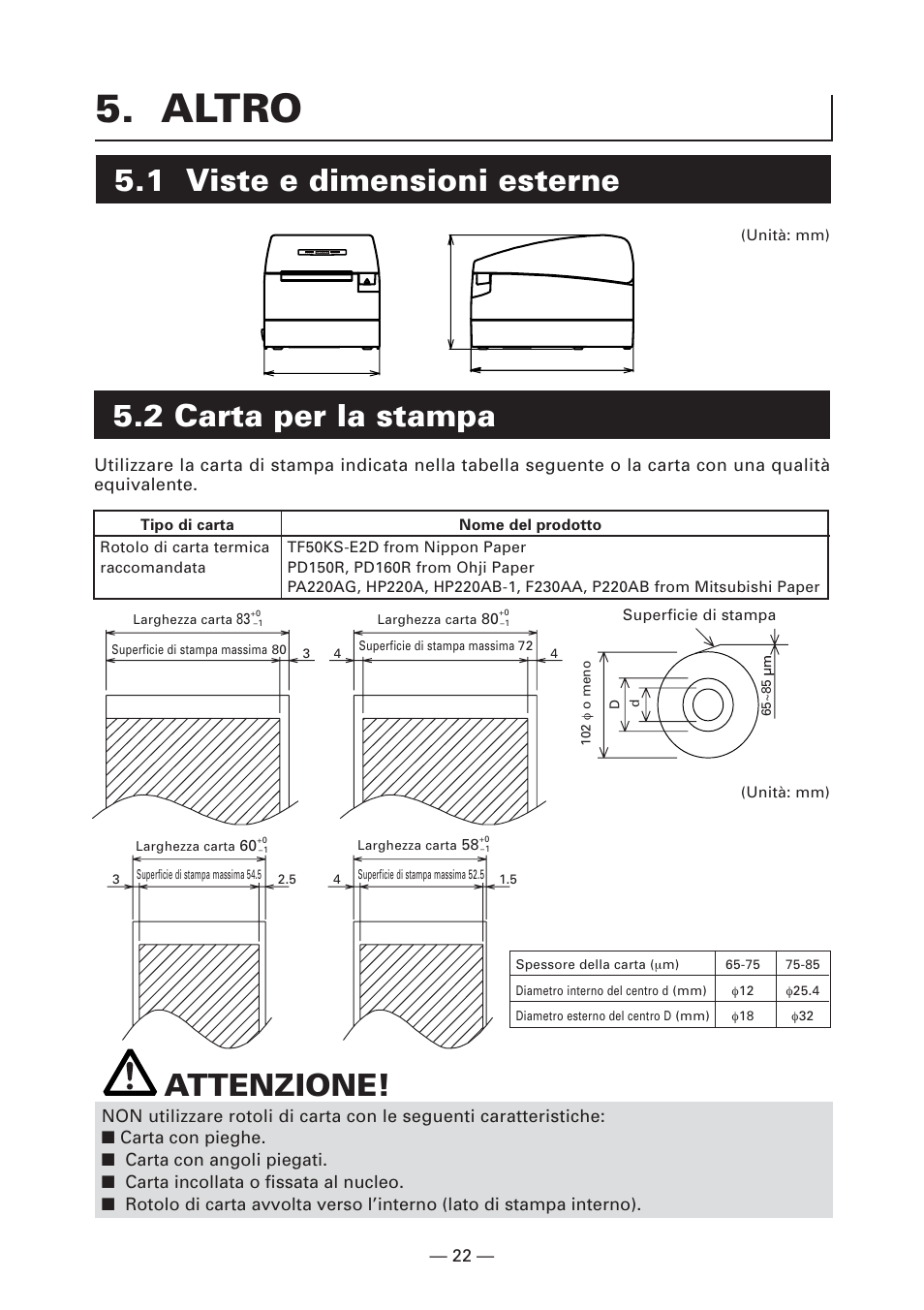 Altro, 1 viste e dimensioni esterne, 2 carta per la stampa | Attenzione | CITIZEN CT-S2000L User Manual | Page 115 / 156