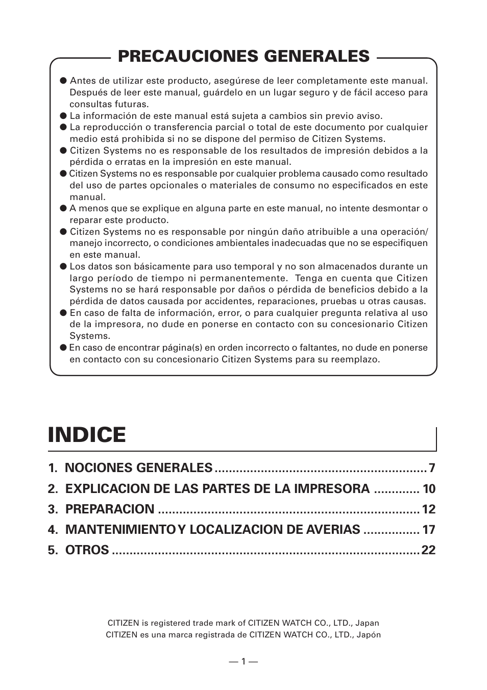 Precauciones generales, Indice | CITIZEN CT-S2000L User Manual | Page 124 / 156