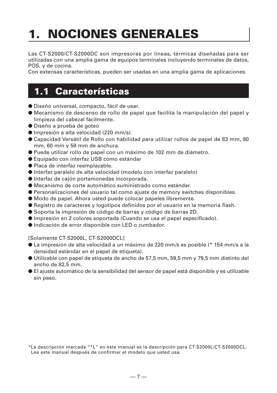 Nociones generales, 1 características | CITIZEN CT-S2000L User Manual | Page 130 / 156