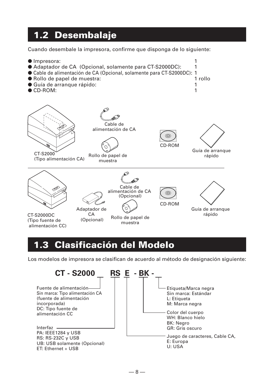 2 desembalaje, 3 clasificación del modelo, Ct - s2000 rs e - bk | CITIZEN CT-S2000L User Manual | Page 131 / 156