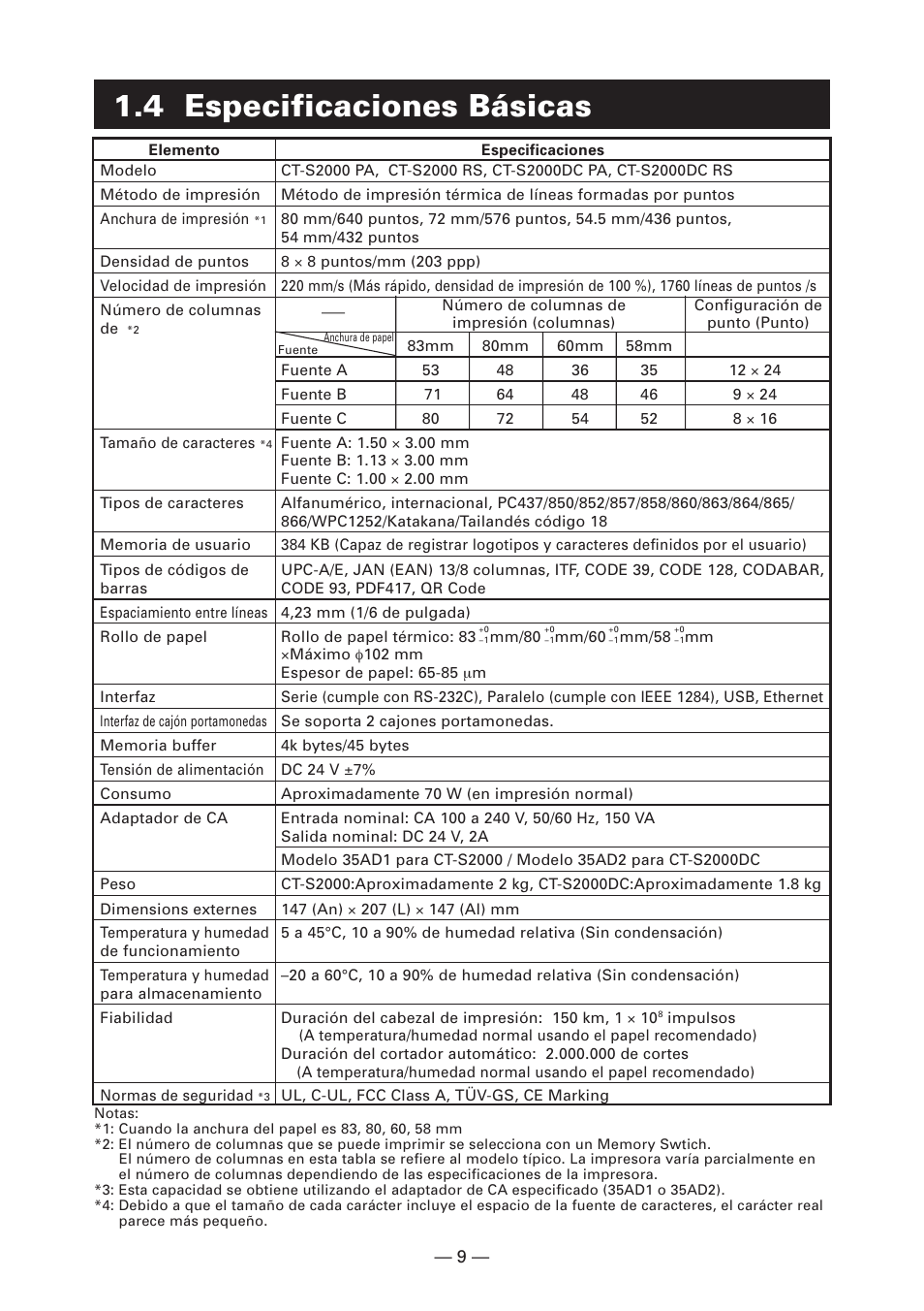 4 especificaciones básicas | CITIZEN CT-S2000L User Manual | Page 132 / 156