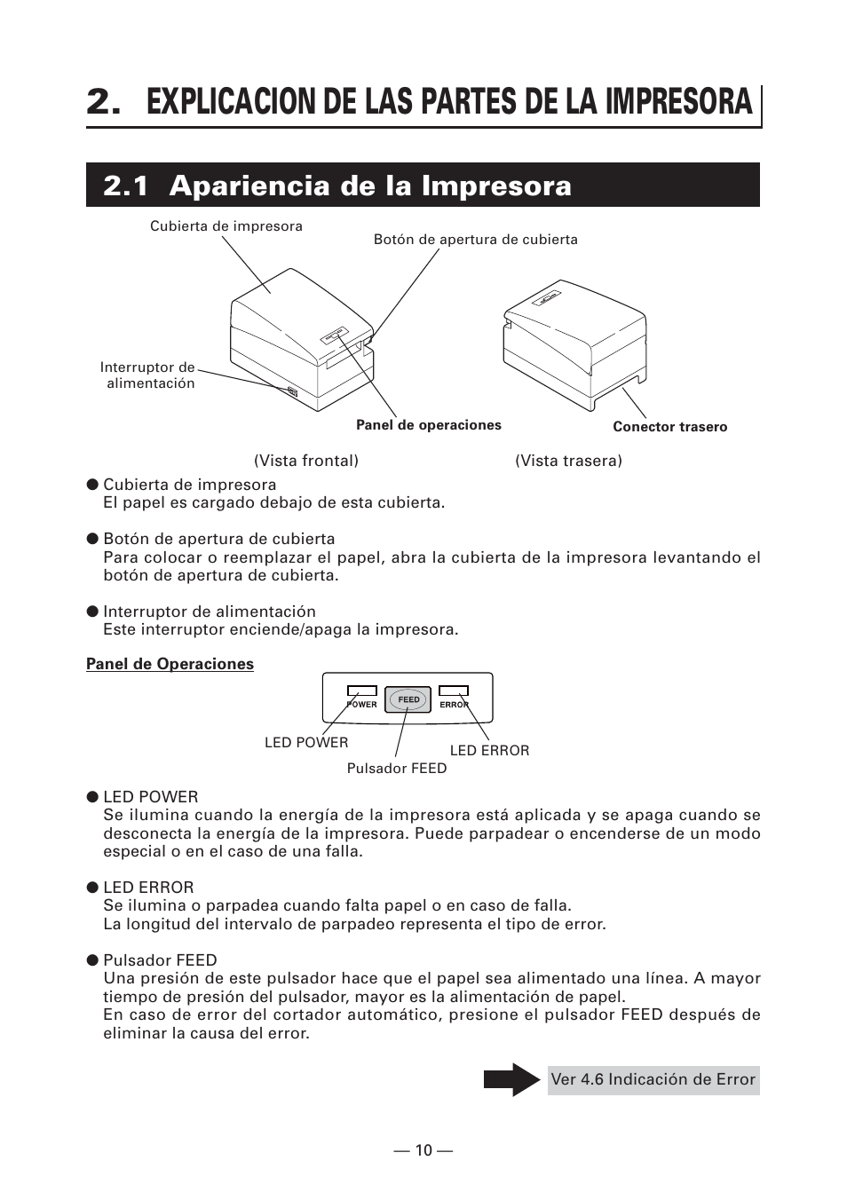 Explicacion de las partes de la impresora, 1 apariencia de la impresora | CITIZEN CT-S2000L User Manual | Page 133 / 156