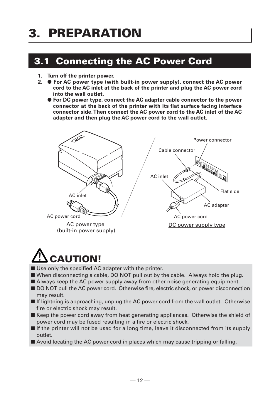 Preparation, 1 connecting the ac power cord, Caution | CITIZEN CT-S2000L User Manual | Page 15 / 156