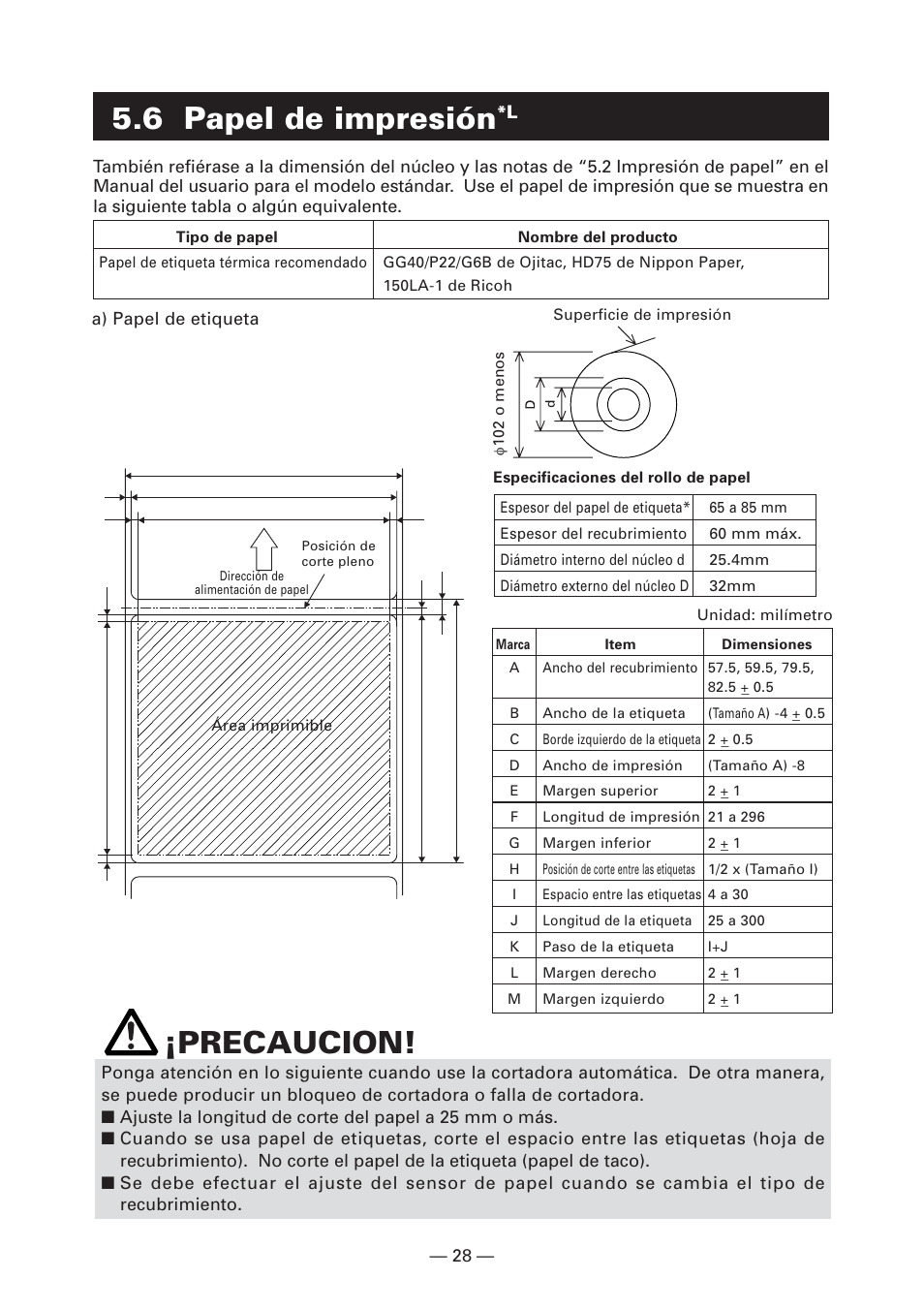 6 papel de impresión*l, 6 papel de impresión, Precaucion | CITIZEN CT-S2000L User Manual | Page 151 / 156