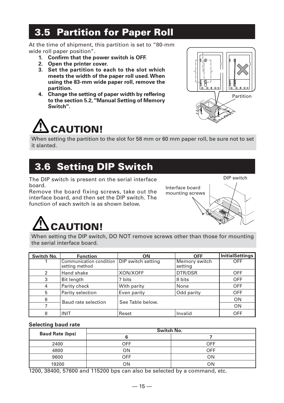 5 partition for paper roll, 6 setting dip switch, 6 setting dip switch caution | Caution | CITIZEN CT-S2000L User Manual | Page 18 / 156