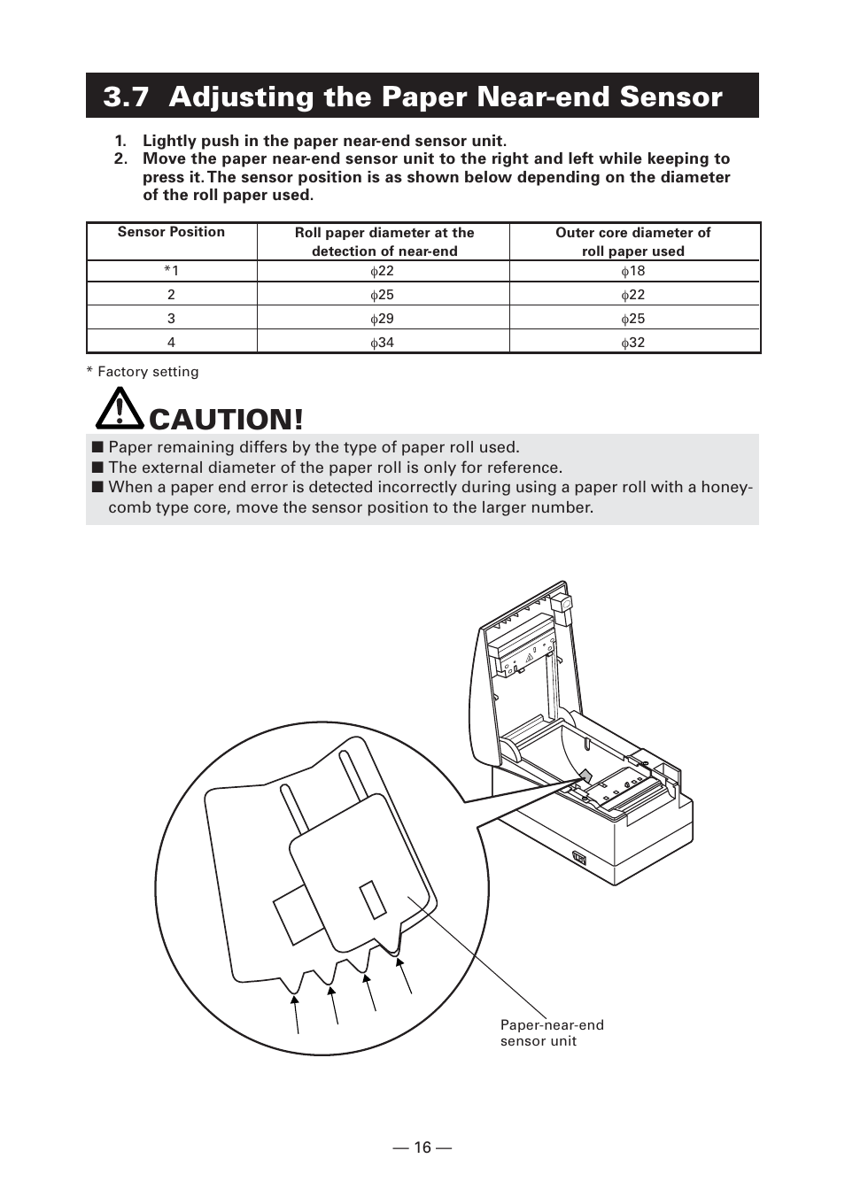 7 adjusting the paper near-end sensor, Caution | CITIZEN CT-S2000L User Manual | Page 19 / 156