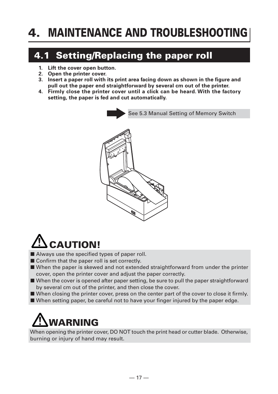 Maintenance and troubleshooting, 1 setting/replacing the paper roll, Caution | Warning | CITIZEN CT-S2000L User Manual | Page 20 / 156
