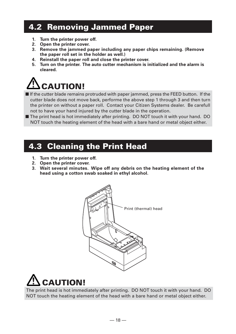 2 removing jammed paper, 3 cleaning the print head, Caution | 3 cleaning the print head caution | CITIZEN CT-S2000L User Manual | Page 21 / 156