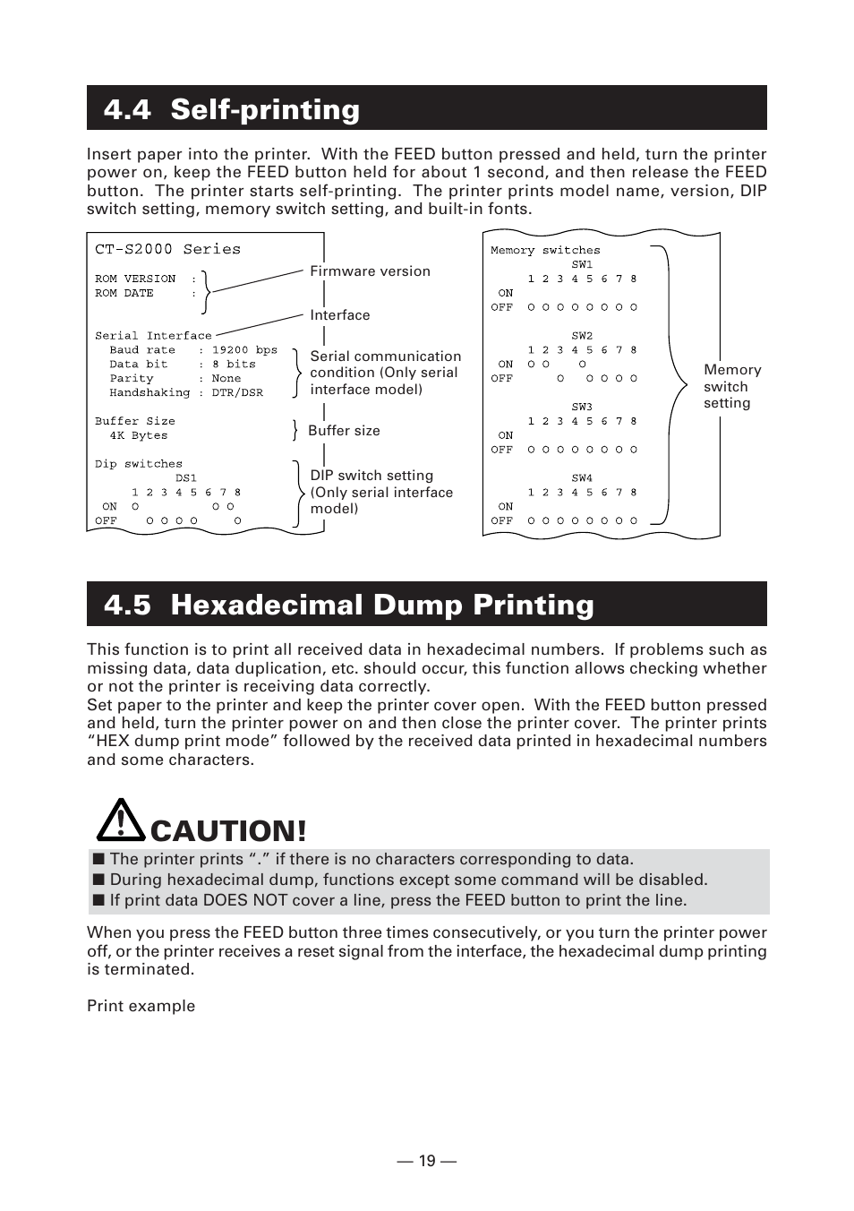 4 self-printing, 5 hexadecimal dump printing, Caution | CITIZEN CT-S2000L User Manual | Page 22 / 156
