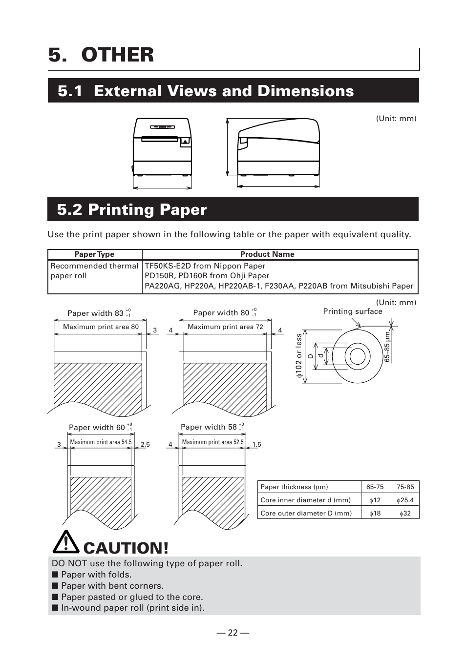 Other, 1 external views and dimensions, 2 printing paper | Caution | CITIZEN CT-S2000L User Manual | Page 25 / 156