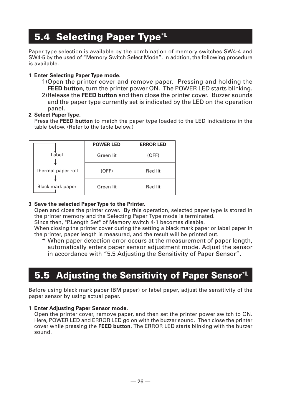 4 selecting paper type*l, 5 adjusting the sensitivity of paper sensor*l, 4 selecting paper type | 5 adjusting the sensitivity of paper sensor | CITIZEN CT-S2000L User Manual | Page 29 / 156