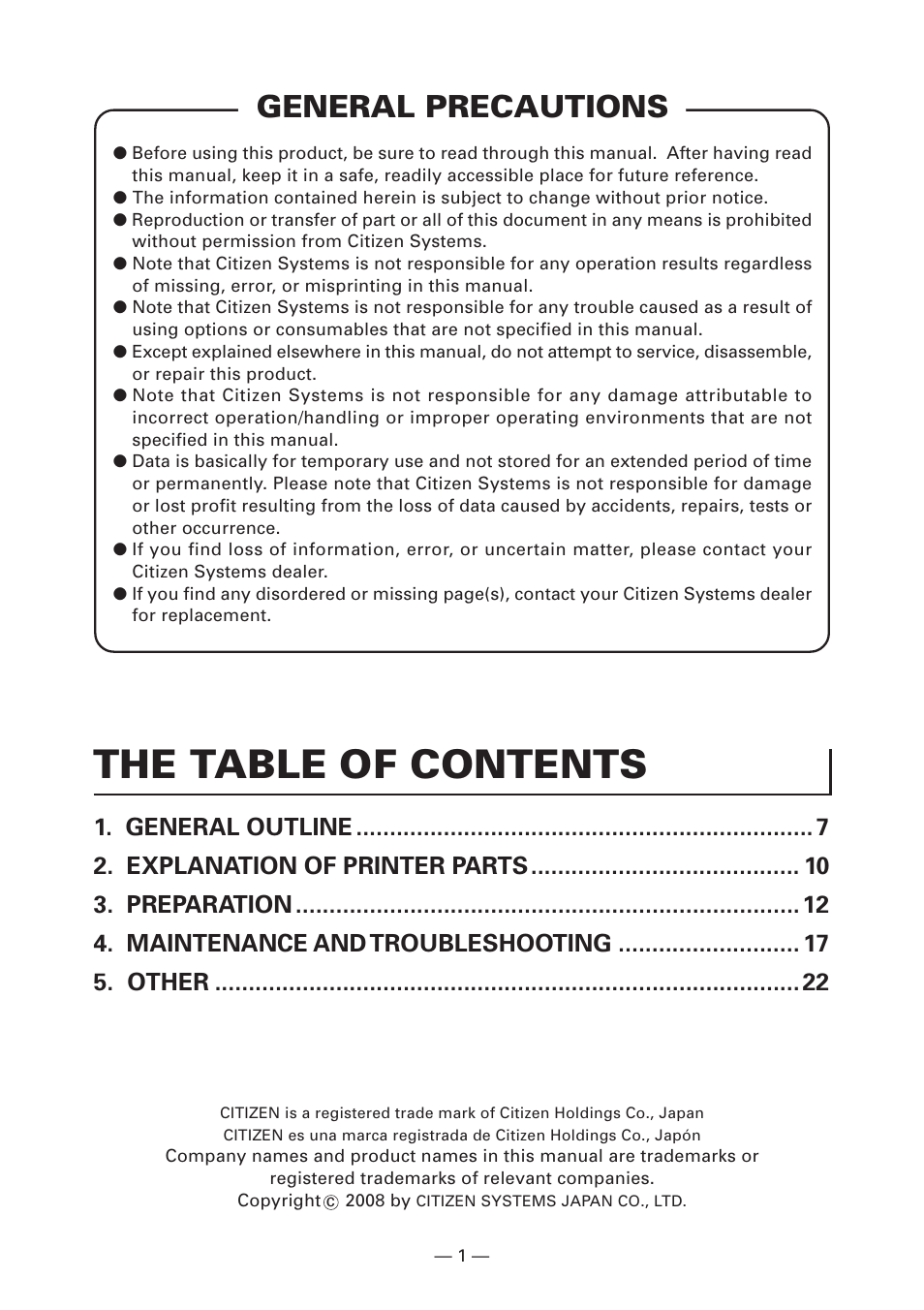 General precautions, The table of contents | CITIZEN CT-S2000L User Manual | Page 4 / 156