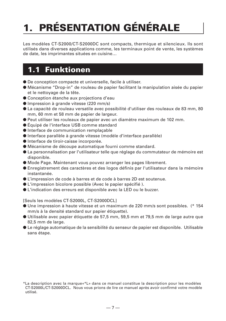 Présentation générale, 1 funktionen | CITIZEN CT-S2000L User Manual | Page 40 / 156