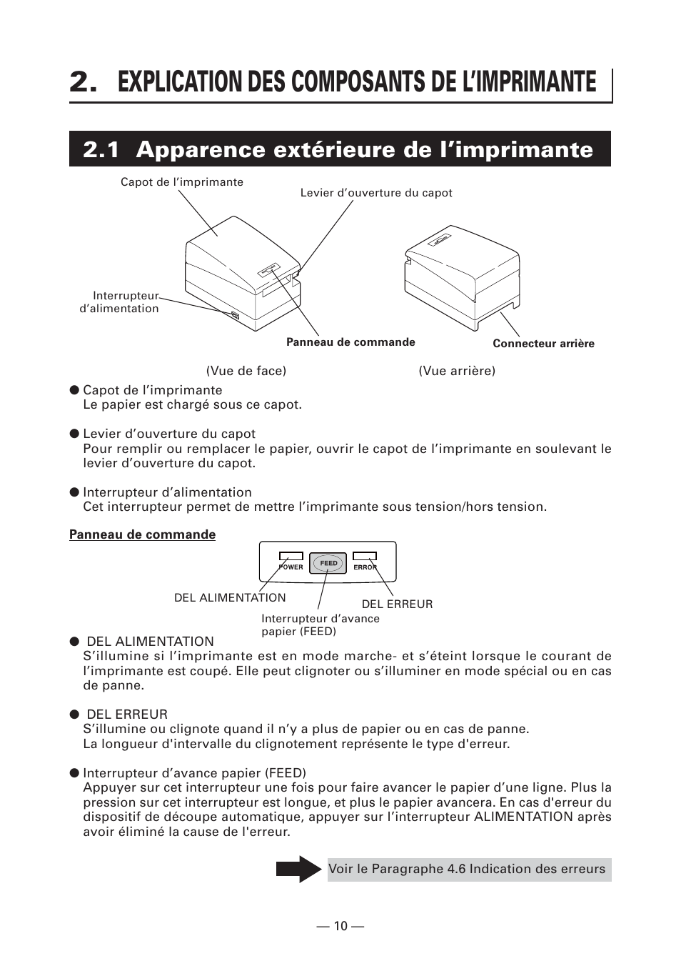 Explication des composants de l’imprimante, 1 apparence extérieure de l’imprimante | CITIZEN CT-S2000L User Manual | Page 43 / 156