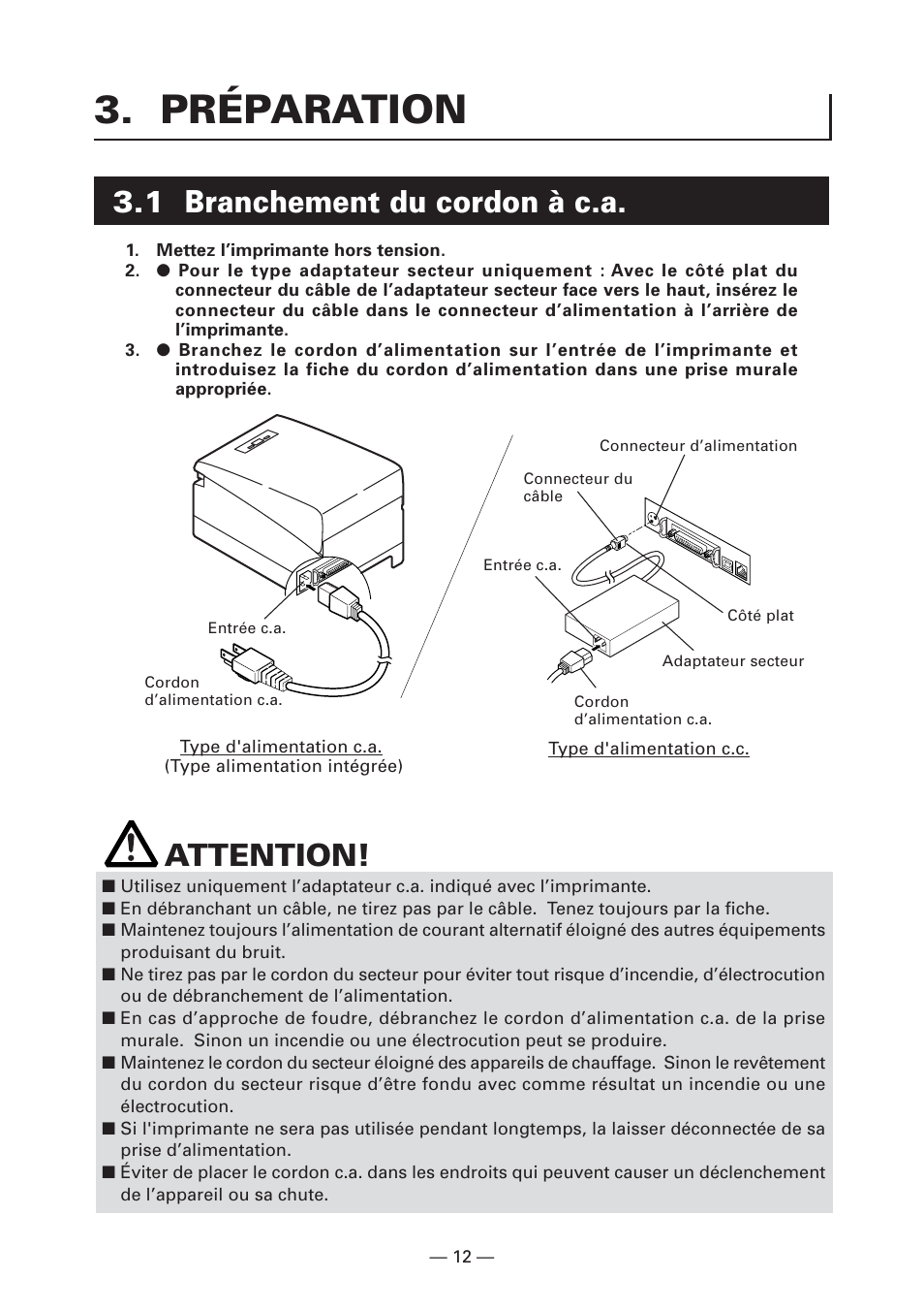 Préparation, 1 branchement du cordon à c.a, Attention | CITIZEN CT-S2000L User Manual | Page 45 / 156