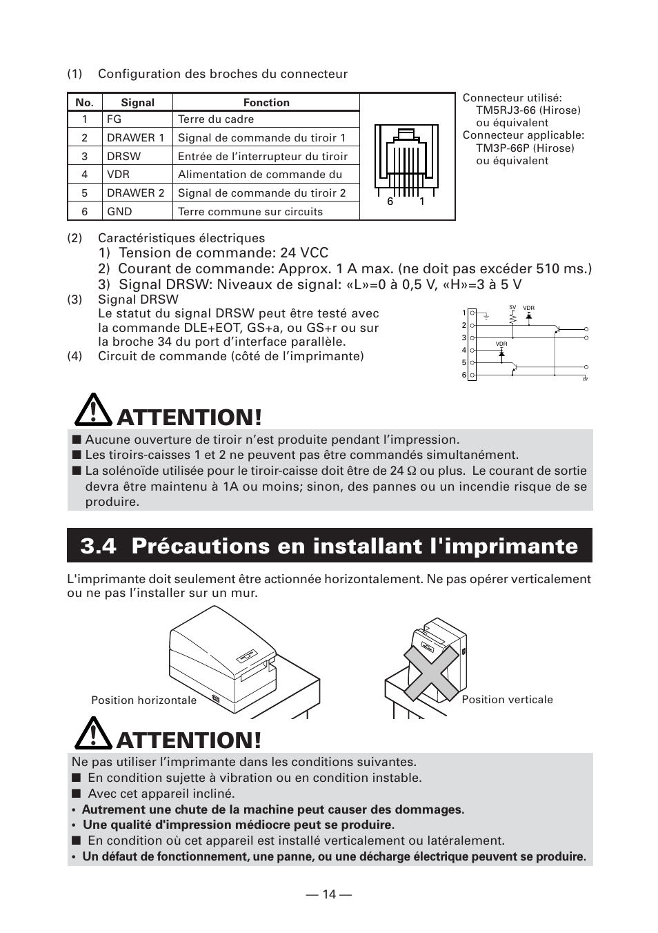4 précautions en installant l'imprimante, Attention | CITIZEN CT-S2000L User Manual | Page 47 / 156