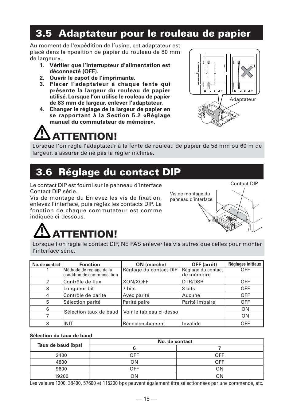 5 adaptateur pour le rouleau de papier, 6 réglage du contact dip, 6 réglage du contact dip attention | Attention | CITIZEN CT-S2000L User Manual | Page 48 / 156