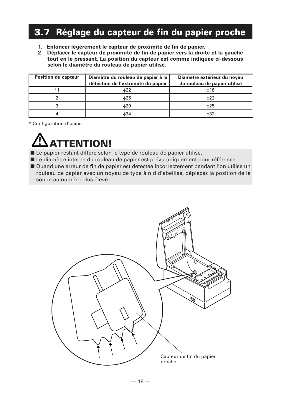 7 réglage du capteur de fin du papier proche, Attention | CITIZEN CT-S2000L User Manual | Page 49 / 156