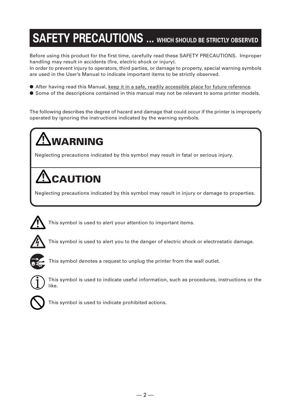 Safety precautions, Warning, Caution | CITIZEN CT-S2000L User Manual | Page 5 / 156