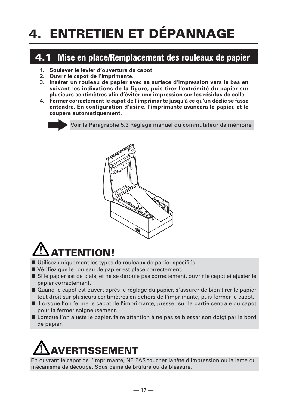 Entretien et dépannage, Attention, Avertissement | CITIZEN CT-S2000L User Manual | Page 50 / 156