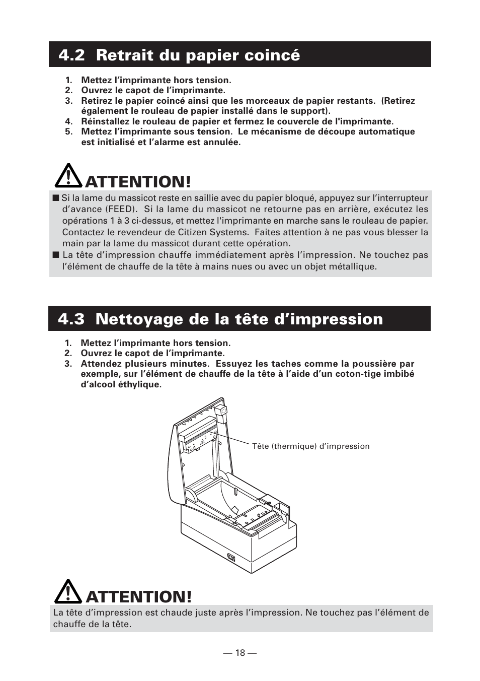 2 retrait du papier coincé, 3 nettoyage de la tête d’impression, Attention | 3 nettoyage de la tête d’impression attention | CITIZEN CT-S2000L User Manual | Page 51 / 156
