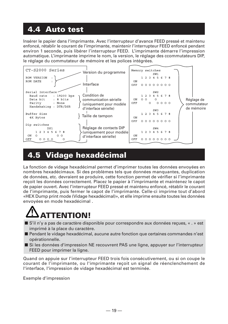 4 auto test, 5 vidage hexadécimal, Attention | CITIZEN CT-S2000L User Manual | Page 52 / 156