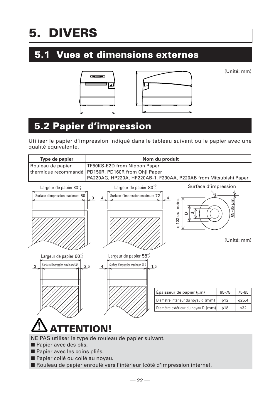 Divers, 1 vues et dimensions externes, 2 papier d’impression | Attention | CITIZEN CT-S2000L User Manual | Page 55 / 156