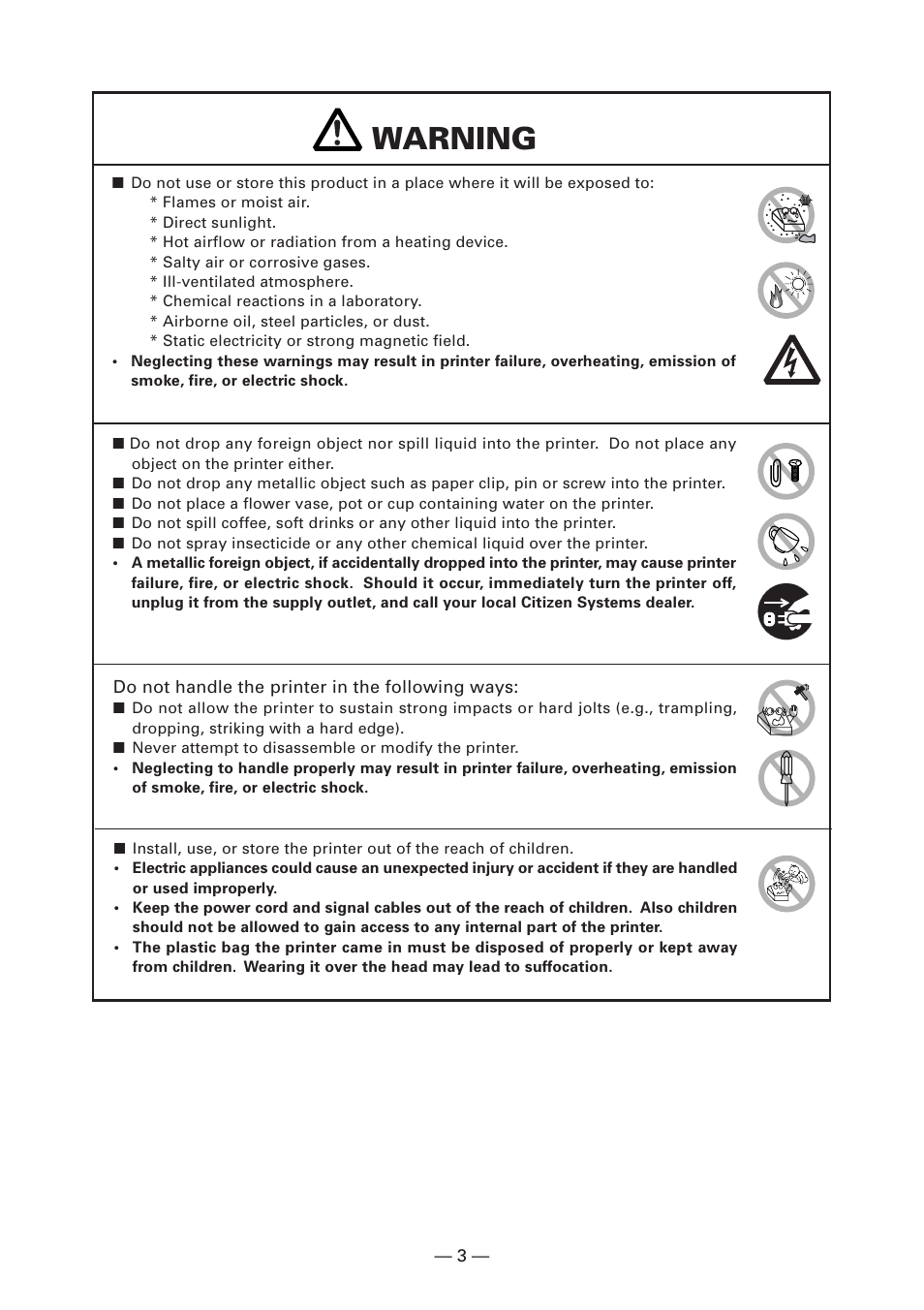 Warning | CITIZEN CT-S2000L User Manual | Page 6 / 156
