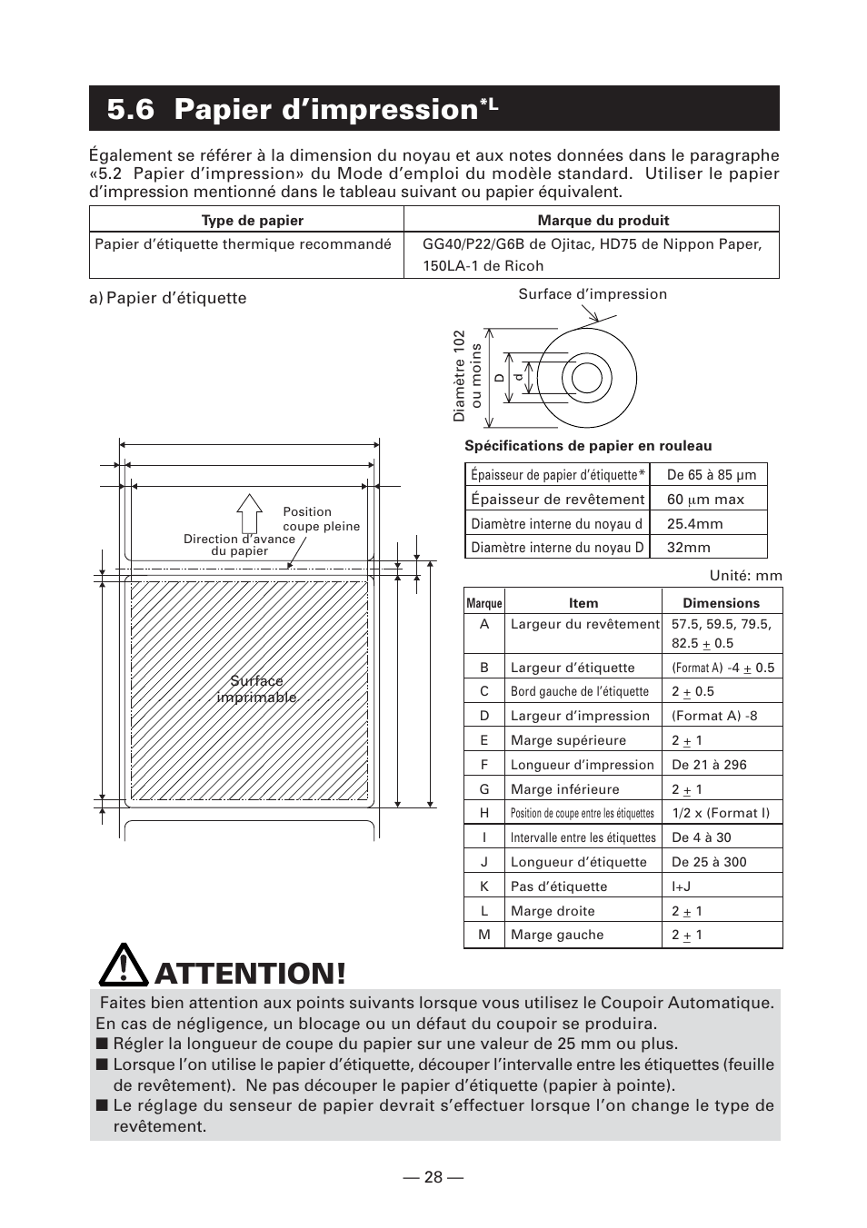 6 papier d’impression*l, 6 papier d’impression, Attention | CITIZEN CT-S2000L User Manual | Page 61 / 156