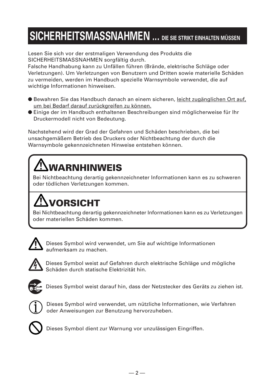 Sicherheitsmassnahmen, Warnhinweis, Vorsicht | CITIZEN CT-S2000L User Manual | Page 65 / 156