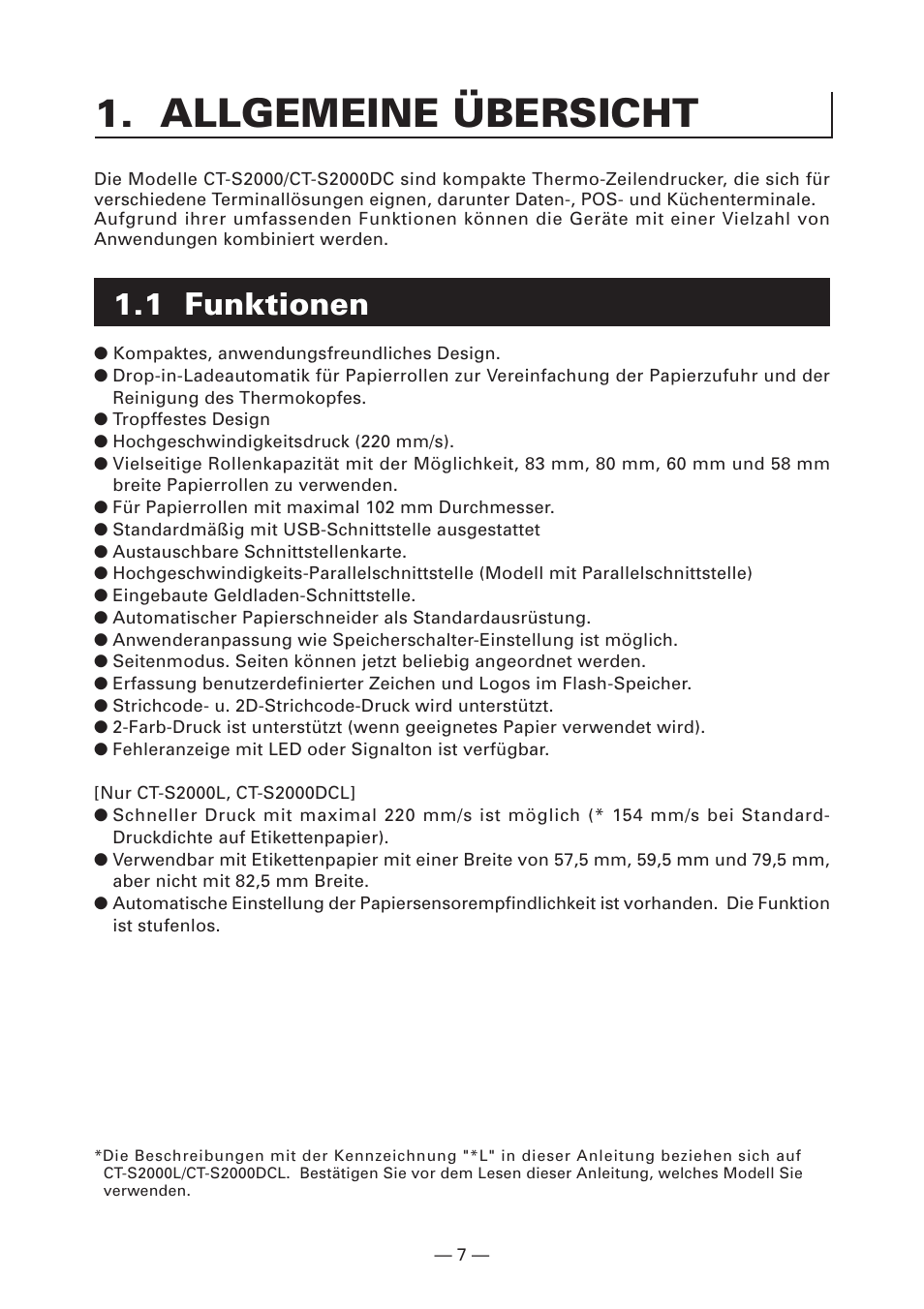 Allgemeine übersicht, 1 funktionen | CITIZEN CT-S2000L User Manual | Page 70 / 156