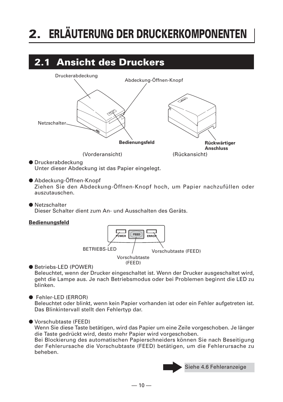 Erläuterung der druckerkomponenten, 1 ansicht des druckers | CITIZEN CT-S2000L User Manual | Page 73 / 156