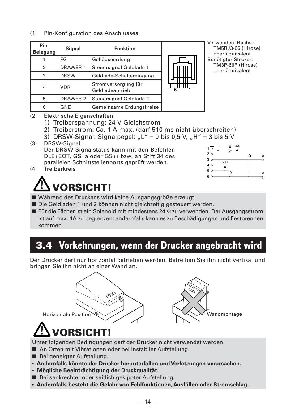 4 vorkehrungen, wenn der drucker angebracht wird, Vorsicht | CITIZEN CT-S2000L User Manual | Page 77 / 156