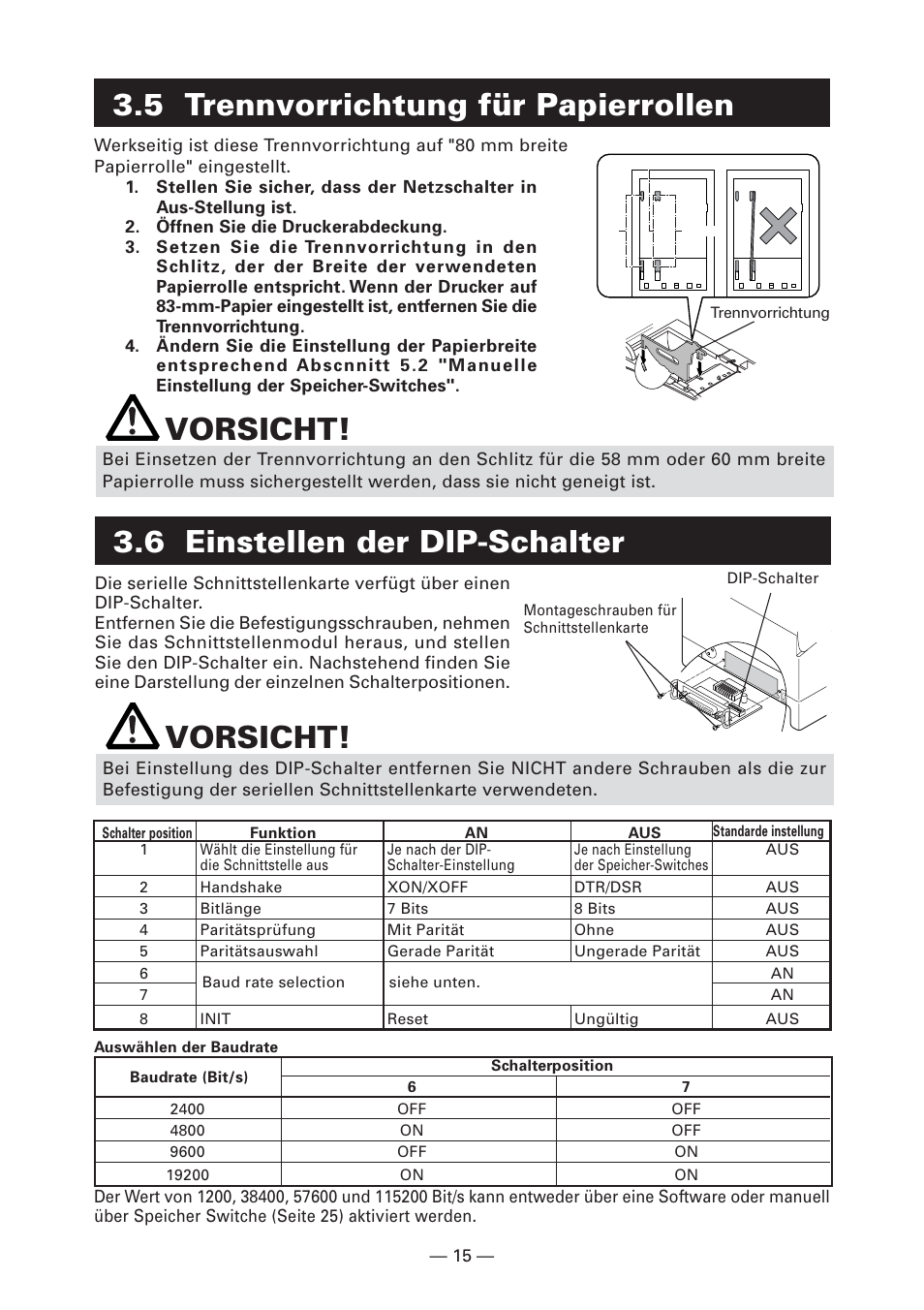 5 trennvorrichtung für papierrollen, 6 einstellen der dip-schalter, 6 einstellen der dip-schalter vorsicht | Vorsicht | CITIZEN CT-S2000L User Manual | Page 78 / 156
