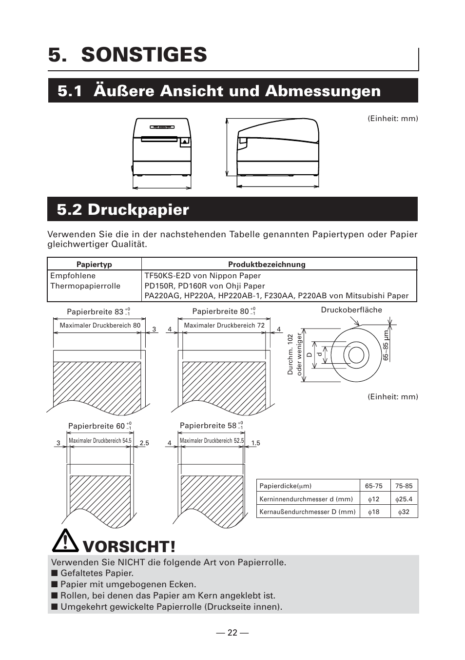 Sonstiges, 1 äußere ansicht und abmessungen, 2 druckpapier | Vorsicht | CITIZEN CT-S2000L User Manual | Page 85 / 156