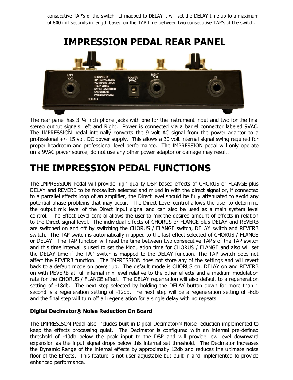 Impression pedal rear panel, The impression pedal functions | ISP Technologies IMPRESSION User Manual | Page 4 / 5