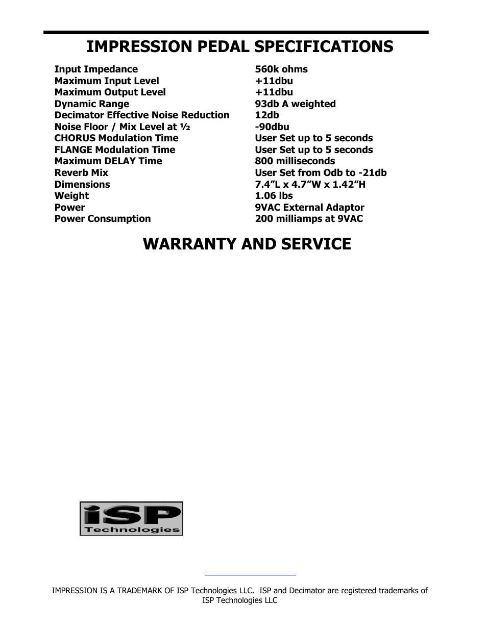 Impression pedal specifications, Warranty and service | ISP Technologies IMPRESSION User Manual | Page 5 / 5