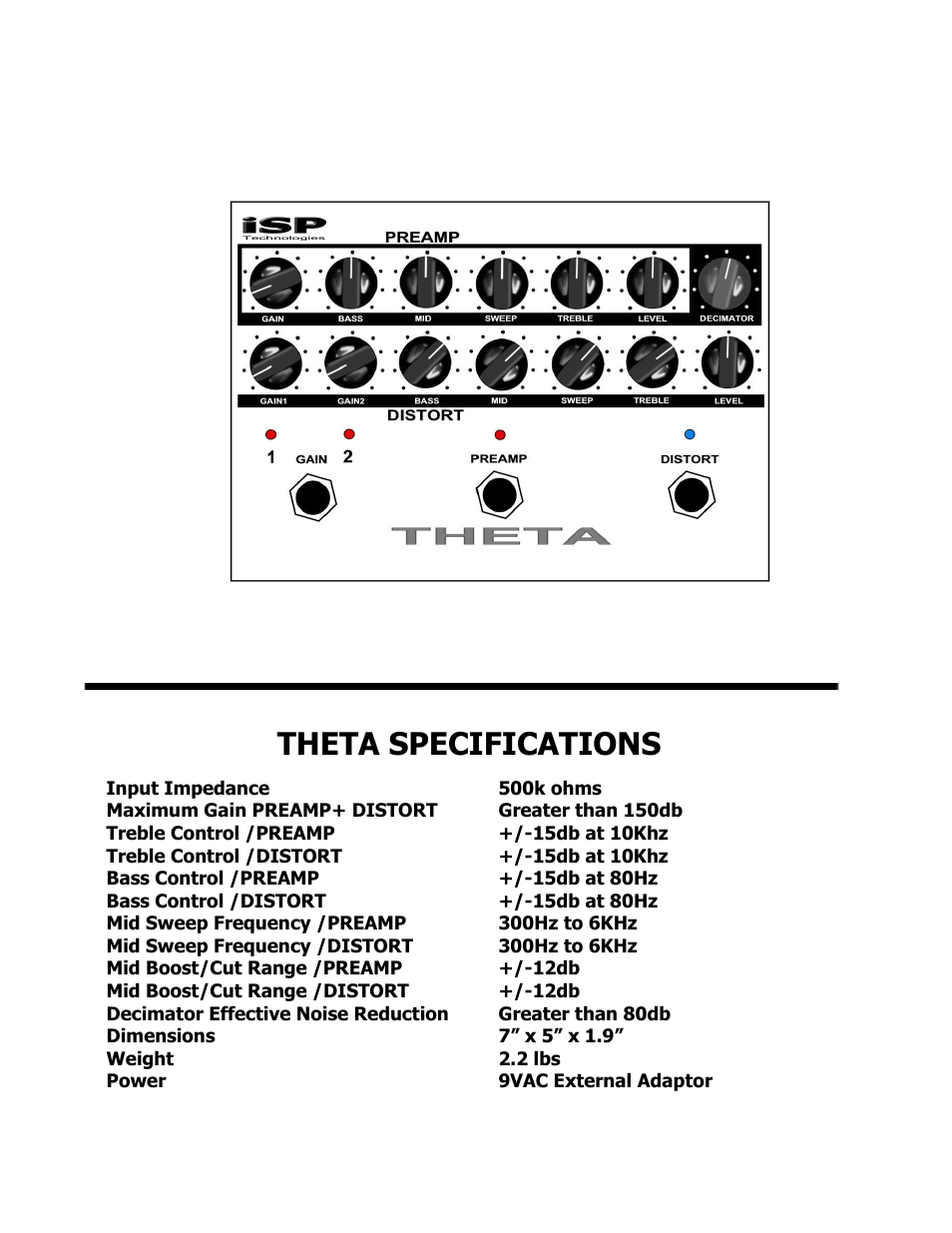 Theta specifications | ISP Technologies THETA PRE AMP PEDAL User Manual | Page 11 / 12