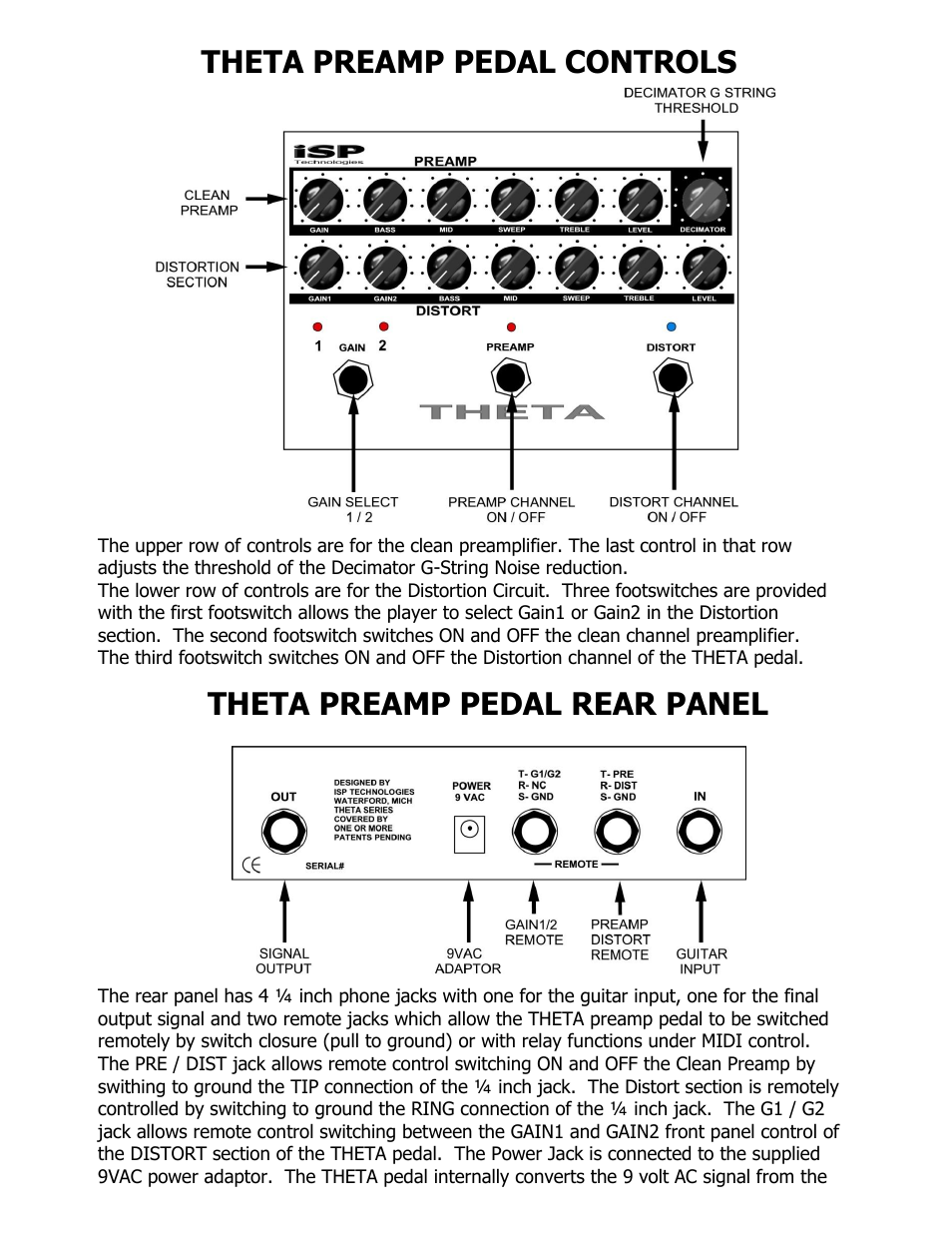 Theta preamp pedal controls, Theta preamp pedal rear panel | ISP Technologies THETA PRE AMP PEDAL User Manual | Page 3 / 12