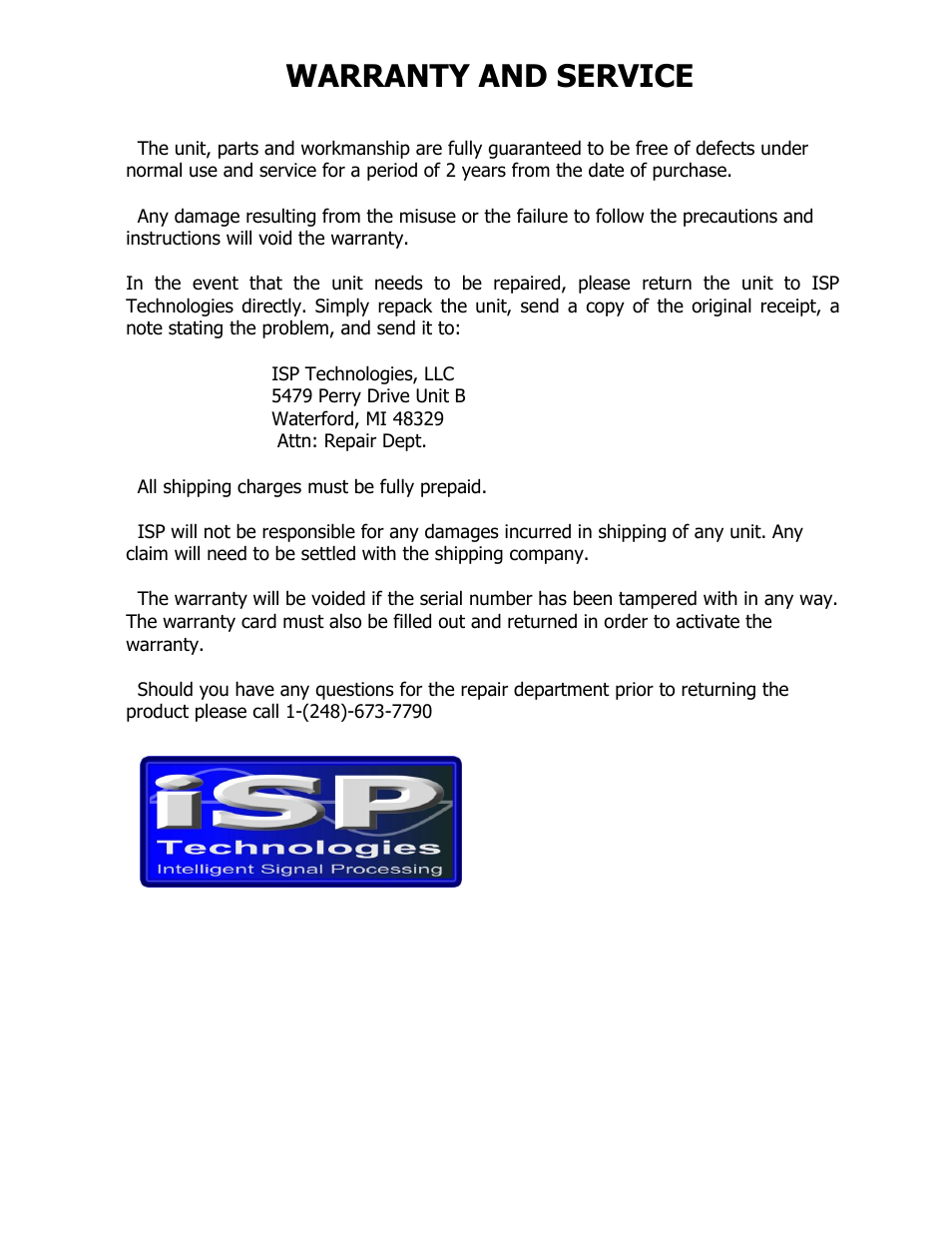 Warranty and service | ISP Technologies DECIMATOR PRO RACK User Manual | Page 8 / 8