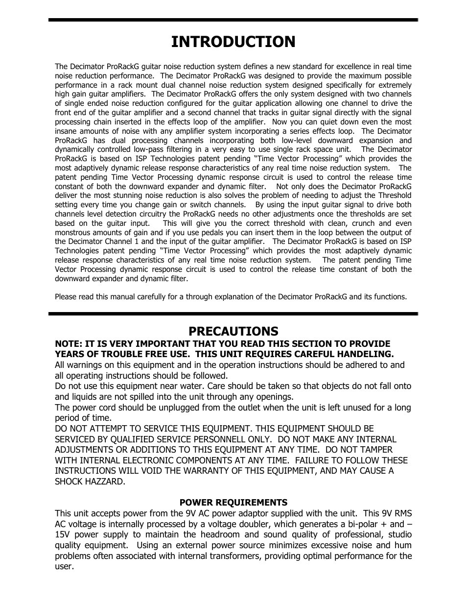 Introduction, Precautions | ISP Technologies DECIMATOR PRO RACK G User Manual | Page 2 / 8