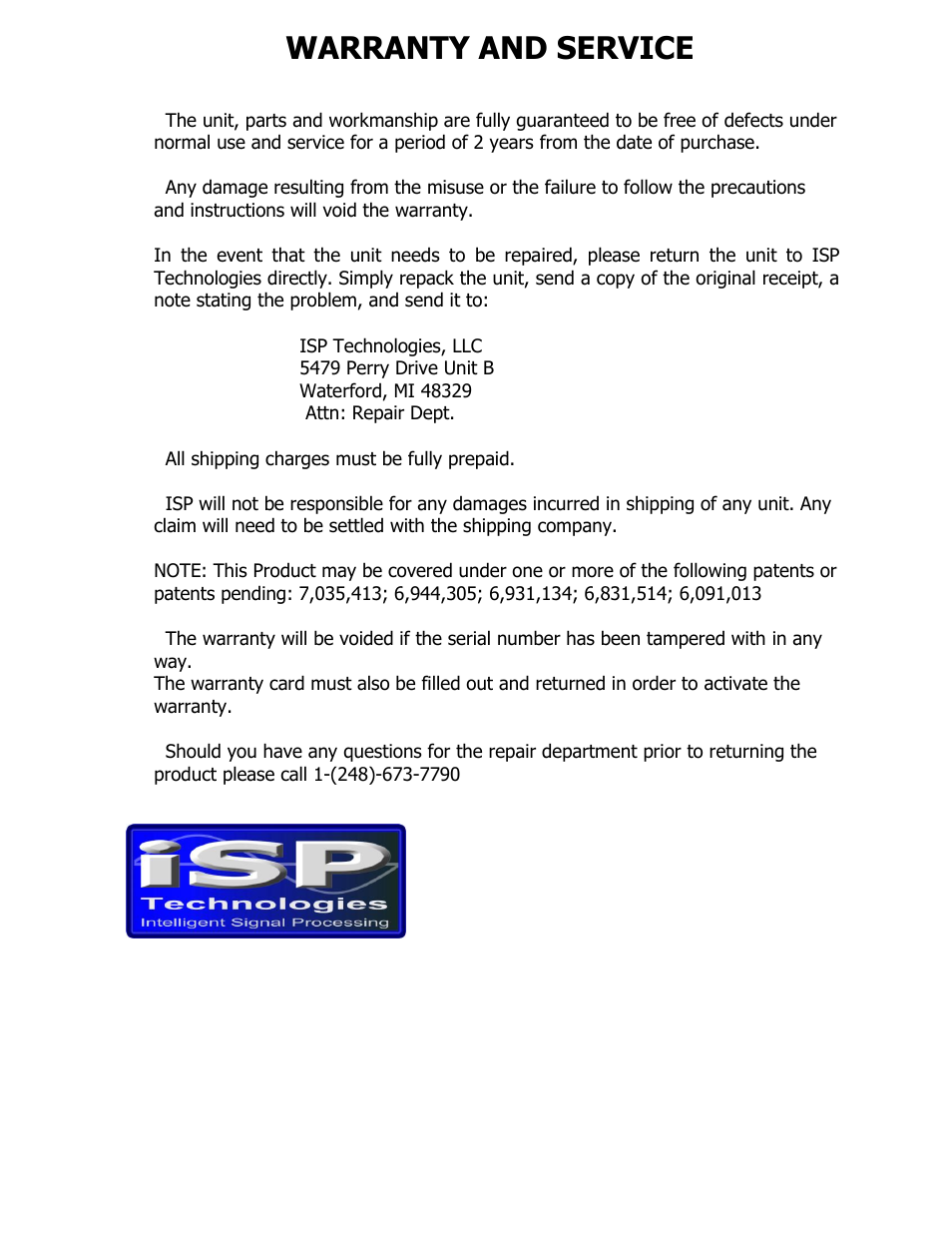 Warranty and service | ISP Technologies DECIMATOR PRO RACK G User Manual | Page 8 / 8