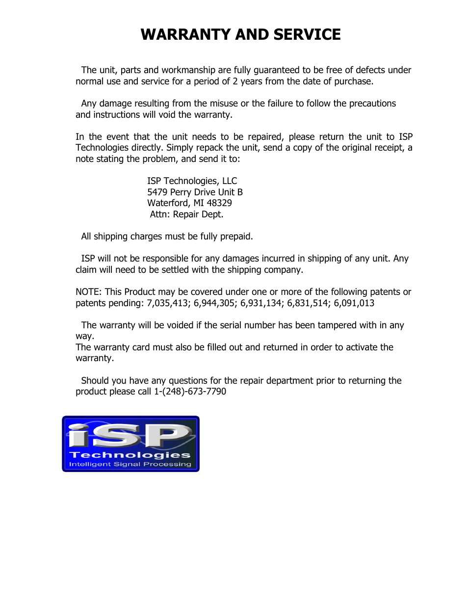 Warranty and service | ISP Technologies DECIMATOR PRO RACK G – STEREO MOD User Manual | Page 9 / 9