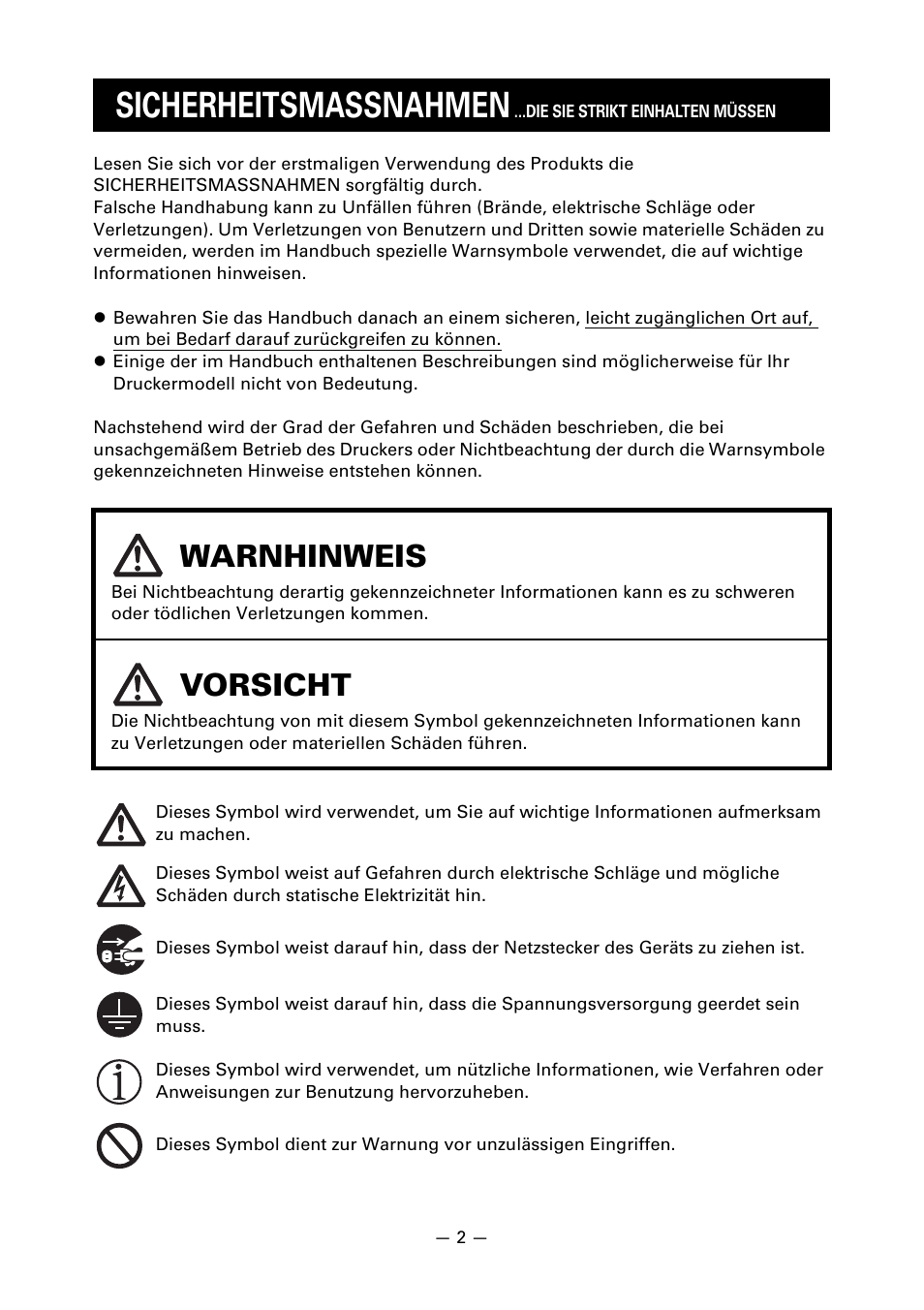 Sicherheitsmassnahmen, Warnhinweis, Vorsicht | CITIZEN CT-S851 User Manual | Page 100 / 240