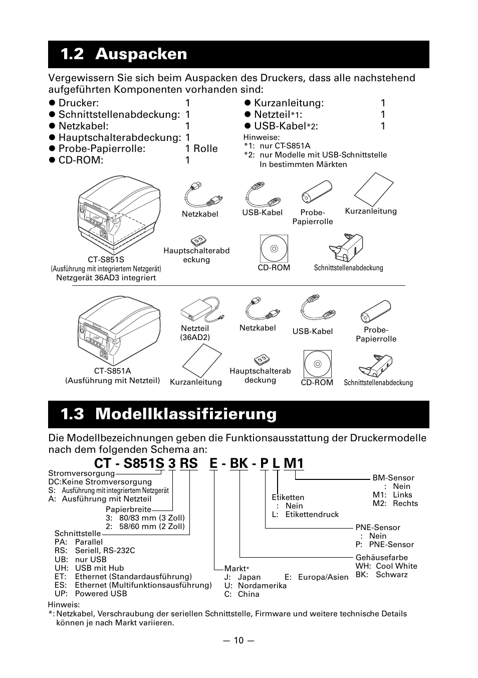 2 auspacken, 3 modellklassifizierung, 2 auspacken 1.3 modellklassifizierung | CITIZEN CT-S851 User Manual | Page 108 / 240