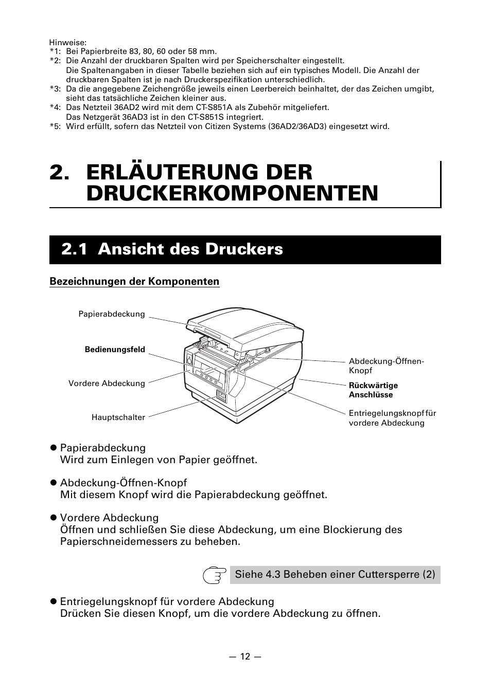 Erläuterung der druckerkomponenten, 1 ansicht des druckers | CITIZEN CT-S851 User Manual | Page 110 / 240