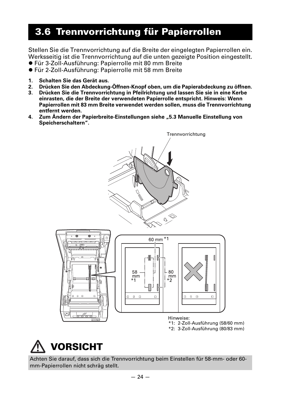 6 trennvorrichtung für papierrollen, 6 trennvorrichtung für papierrollen vorsicht | CITIZEN CT-S851 User Manual | Page 122 / 240