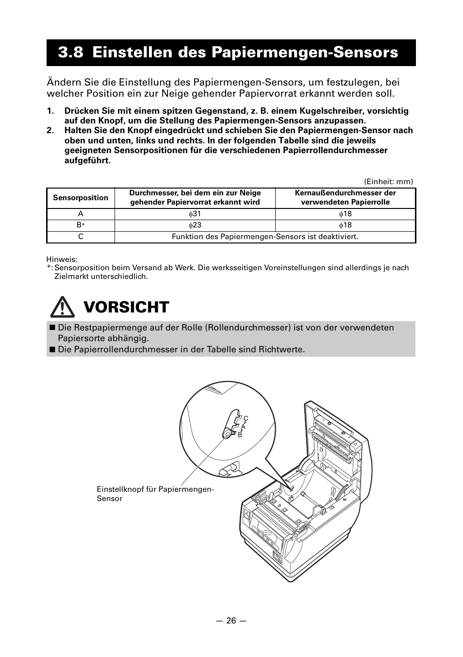 8 einstellen des papiermengen-sensors, Vorsicht | CITIZEN CT-S851 User Manual | Page 124 / 240