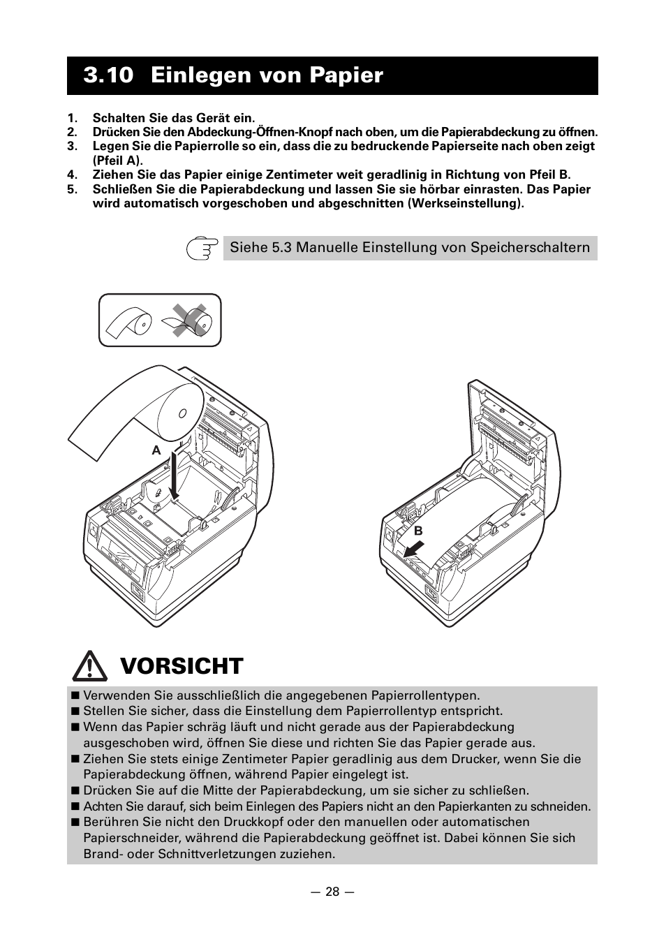 10 einlegen von papier, Vorsicht | CITIZEN CT-S851 User Manual | Page 126 / 240